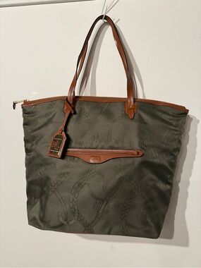 Ralph Lauren Olive Green Equestrian Print Nylon Tote Bag 17"x14" Zip Top Charm